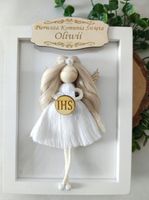 anioł stróż aniołek pamiątka w ramce komunia chrzest makrama urodziny