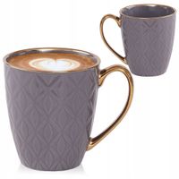 PORCELANOWY KUBEK NA KAWĘ HERBATĘ SZARY ZDOBIONY ZE ZŁOTYM UCHEM 360ML