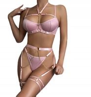 Seksowny KOMPLET Bielizny Damskiej STANIK PASY STRINGI Różowy L