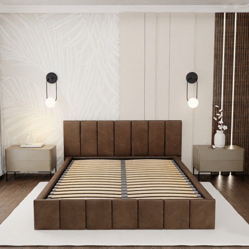 ŁÓŻKO TAPICEROWANE DO SYPIALNI 140x200 ŁÓŻKO PREMIUM Z POJEMNIKIEM BRĄZOWE na Arena.pl