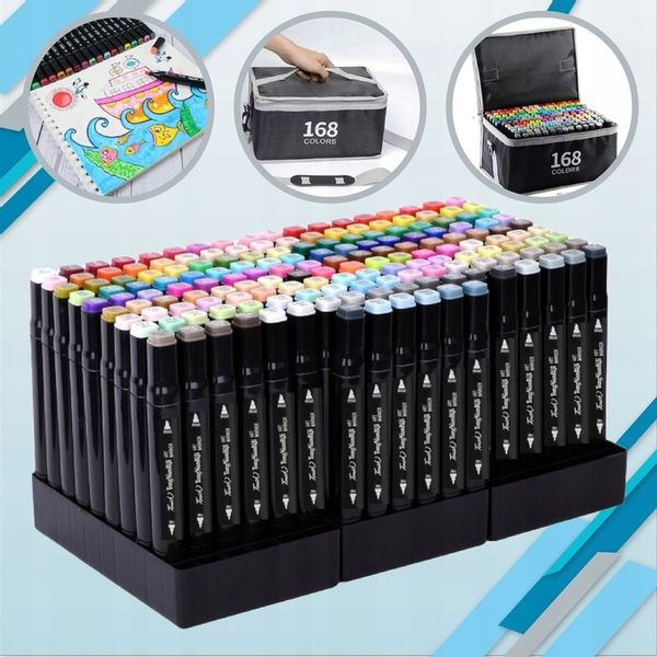 Markery 168 sztuk flamastry pisaki dwustronne alkoholowe precyzyjne + torba zdjęcie 9