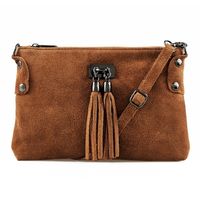 VERA PELLE torebka zamszowa listonoszka z frędzelkami V036 brązowa