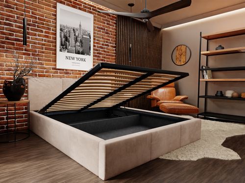 ŁÓŻKO TAPICEROWANE DO SYPIALNI 120x200 ŁÓŻKO PODWÓJNE Z POJEMNIKIEM BEŻOWE na Arena.pl