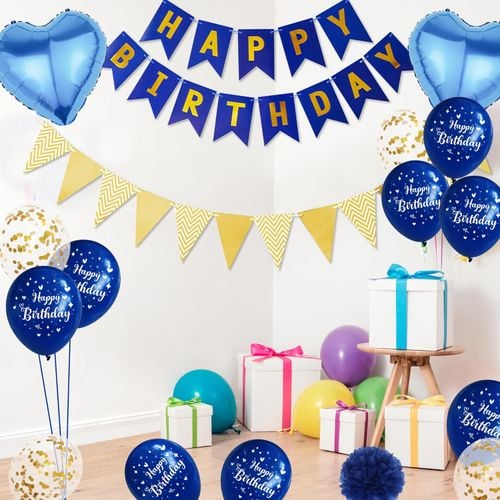 Zestaw Balonów Dekoracje na Urodziny Niebieskie Złote Konfetti Girlanda na Arena.pl