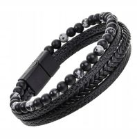 SKÓRZANA BRANSOLETKA MĘSKA RZEMYKI KORALIKI ONYKS OBSYDIAN