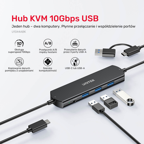 Unitek KVM Hub 10 Gbps – przełączanie między 2 hostami, 3×USB-A na Arena.pl