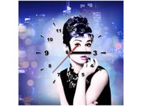 50X50CM ZEGAR OBRAZ USTA AUDREY HEPBURN PANORAMA MIASTA NIEBIESKI DREWNO