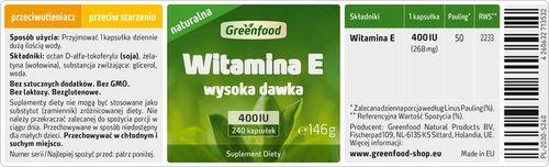 Greenfood Witamina E, 400 IU, naturalne, miękki żel, 240 kapsułek. na Arena.pl