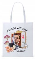 Mateusz Morawiecki Pis Torba Eco Biała Shopper Z Nadrukiem Ze Zdjęciem