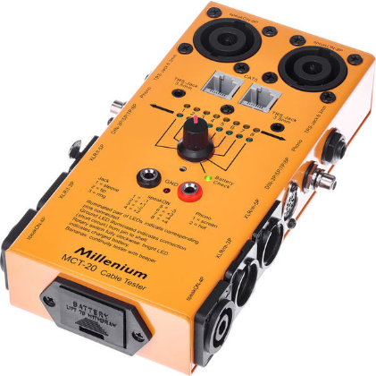 Tester kabli XLR DMX Speakon DIN Jack RCA RJ45 Millenium MCT-20 na baterie na Arena.pl