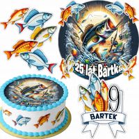 ZESTAW OPŁATEK NA TORT 20CM + 16 POSTACI - WĘDKARSKIE RYBAK +IMIĘ 15CM 18CM