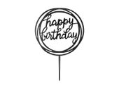 Topper akrylowy na tort, Happy Birthday - okrągły, czarny, 11 cm x 17 cm