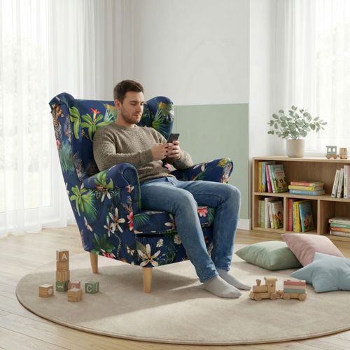 Fotel uszak skandynawski wzorzysty niebieski liście Ari Print Family Meble na Arena.pl