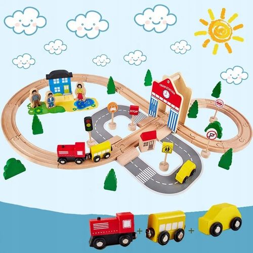 DREWNIANA KOLEJKA TOR WAGONY POCIĄG Budynki Ciuchcia Lokomotywa Zestaw na Arena.pl