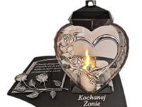 ŻONA ŻONIE ZNICZ LAMPION NA GRÓB SERCE I SERCE SREBRO SKOS SENTENCJA+ŚWIECA