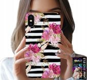 ETUI DO IPHONE X / XS - KWIATKI W CZARNO - BIAŁE PASKI WZORY
