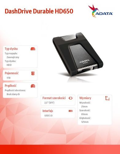 Adata DashDrive Durable HD650 1TB 2.5'' USB3.0 Czarny na Arena.pl