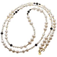 Naszyjnik długi - Białe Perły hodowane, Turmalin i srebro złocone