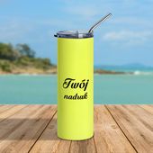 Kubek ze słomką 600 ml podwójne ścianki neonowy żółty - z Twoim nadrukiem