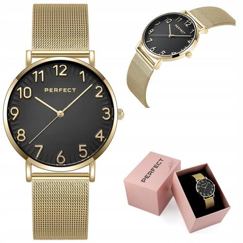 ZEGAREK DAMSKI PERFECT ZEFRA +BOX +GRAWER CYFRY bransoletka mesh złoty na Arena.pl
