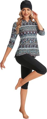 NadamuSun Wzorzysty Strój Kąpielowy dla Kobiet z Rękawem 3/4, S na Arena.pl