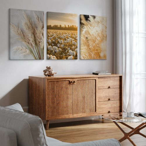 Obrazy Do Sypialni Set Pejzaż Zachód Słońca Trawy Bawełna Boho 90cm x 40cm na Arena.pl