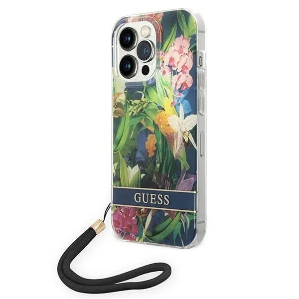 Etui Guess Flower Strap na iPhone 14 Pro - niebieskie zdjęcie 1