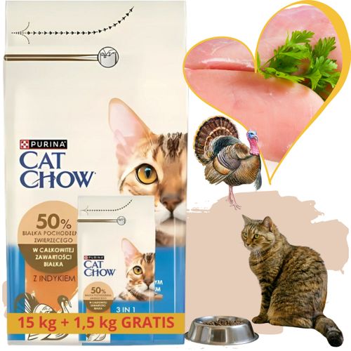 sucha karma dla kota cat chow 3w1 indyk z prebiotykiem 15 kg + 1.5kg gratis na Arena.pl