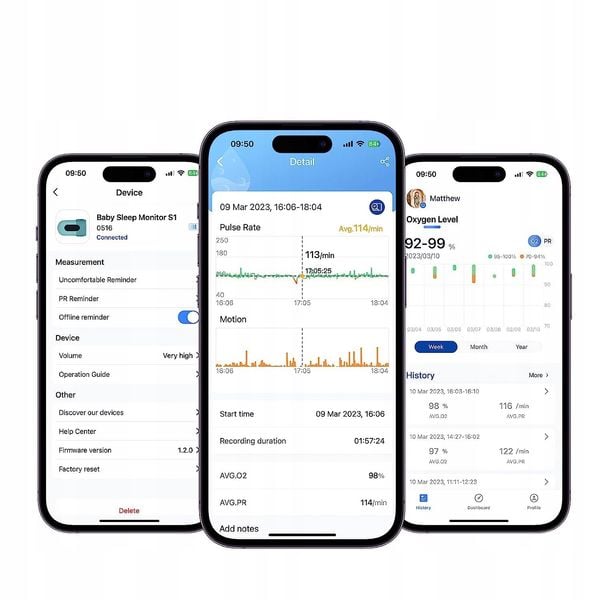 Monitory oddechu snu dla dziecka na Bezdech 0-3, Alarm, Aplikacja Wykresy zdjęcie 8