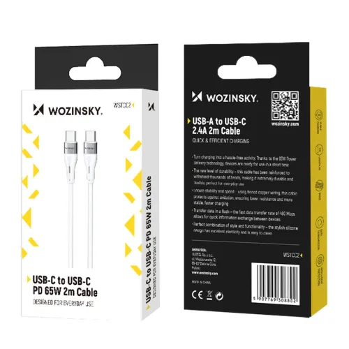 kabel wozinsky wstcc2 usb-c / usb-c pd 65w 2 m - biały na Arena.pl