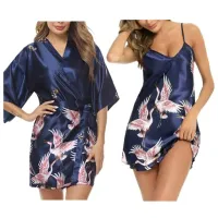 Piżama SATYNOWA damska BIELIZNA dwuczęsciowa KOMPLET koszulka SZLAFROK M