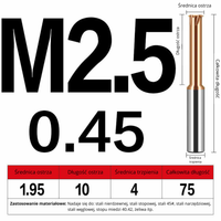 Frez do gwintowania jednoostrzowy Rozmiar: M2.5x0.45x75L -TiSiN