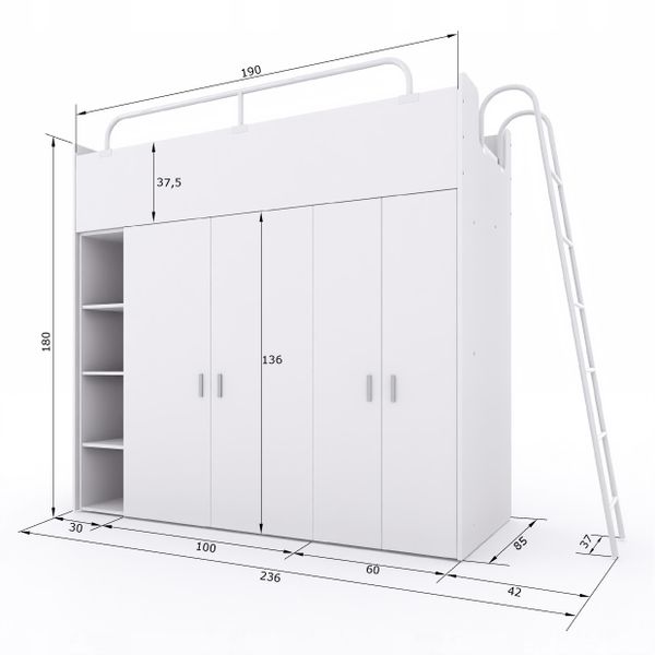 Łóżko piętrowe JSM2 z drabinką i 2 szafami biały mat zdjęcie 2