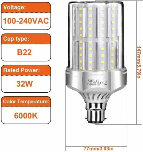 Żarówki LED SAUGLAE 32 W 6000 K 3600 lm B22 z trzonkiem bagnetowym 2 szt. zdjęcie 5