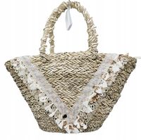 Torebka koszyk trawa morska ręcznie pleciony cekiny frędzle zamek BOHO 2358