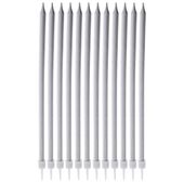12x Świeczki do Tortu Urodzinowe Srebrne Długie Wbijane Podstawki 14,5 cm
