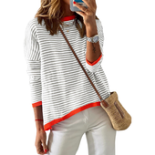 Sweter damski w paski 100% bawełna okrągły dekolt szaro-biały rozmiar M