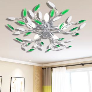 Lampa sufitowa z akrylowymi kryształowymi liśćmi zieleń+biel 5 x E14