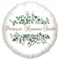 BALON foliowy PIERWSZA KOMUNIA ŚWIĘTA biały liście eukaliptusa IHS