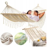 HAMAK OGRODOWY BOHO MAKRAMOWY DRĄŻEK PAŁĄK JEDNOOSOBOWY POKROWIEC BEŻOWY