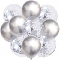 balony srebrne konfetti dekoracje urodziny ozdobny zestaw x10 na przyjęcia