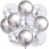 balony srebrne konfetti dekoracje urodziny ozdobny zestaw x10 na przyjęcia