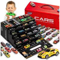 48SZT SAMOCHODZIKI RESORAKI AUTKA W KONTENERZE Z NAPĘDEM METALOWE + PLANSZA