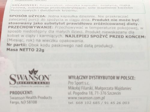 Resveratrol - 250mg - Swanson - 30kaps na Arena.pl