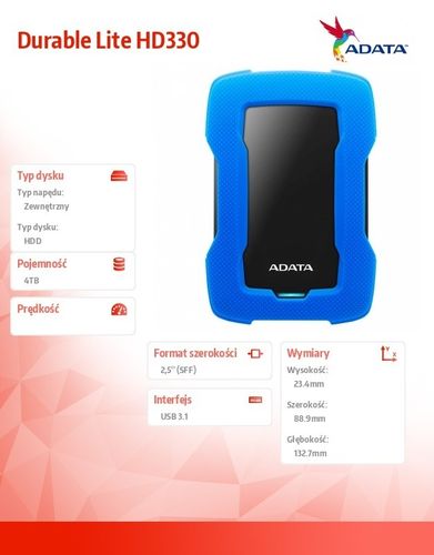 Adata Durable Lite HD330 4TB 2.5'' USB3.1 Niebieski na Arena.pl