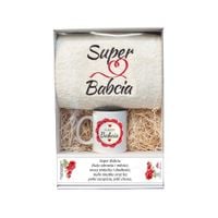 zestaw prezentowy z szarym ręcznikiem "super babcia" i kubkiem "super