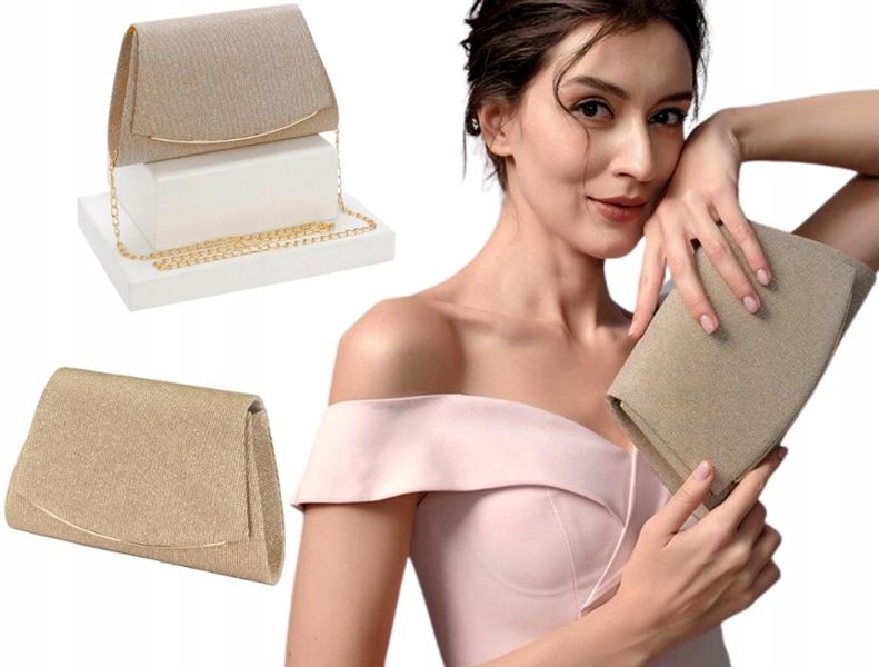 Złota Torebka Wieczorowa Kopertówka Wizytowa Mała Łańcuszek Elegancka zdjęcie 4