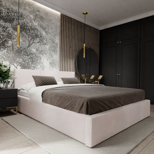 ŁÓŻKO TAPICEROWANE DO SYPIALNI 160x200 ŁÓŻKO PODWÓJNE Z POJEMNIKIEM KREMOWE na Arena.pl