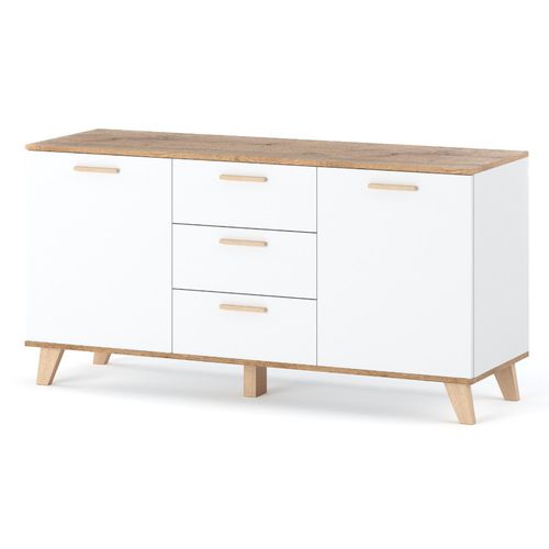 Komoda Biała Z Drewnem Olivier 150cm Pojemna Szafka Rtv Z 3 Szufladami na Arena.pl
