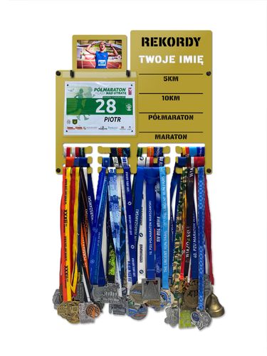 Wieszak na medale i numery startowe z ramką REKORDY RUN twoje imię 9.1 na Arena.pl